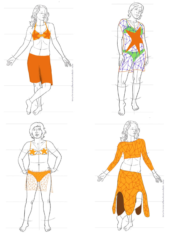 Four thumbnail sketches of a girl in various types of beach wear