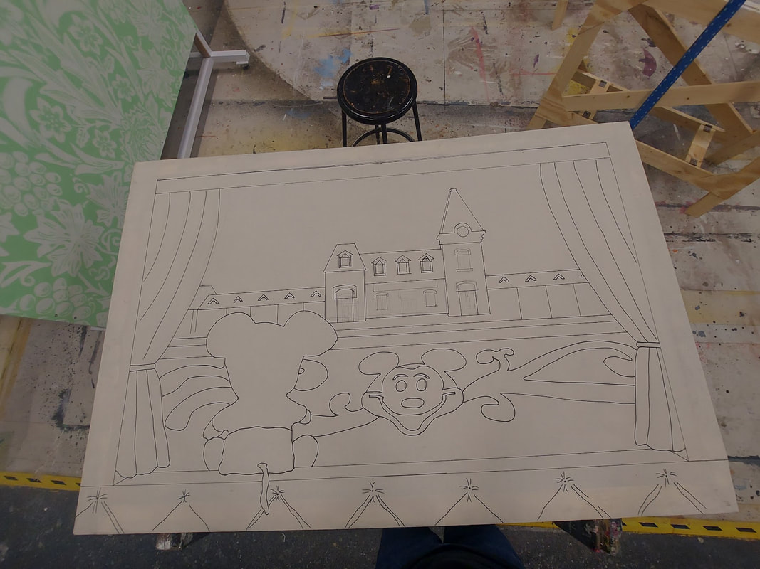 line drawing of the paint final: Disneyland train station, Mickey Mouse plush, curtains and window