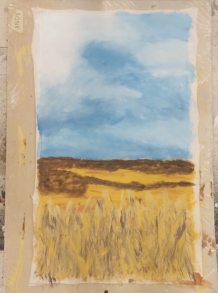 clouds added to the sky and dry grass and bushes added to the land